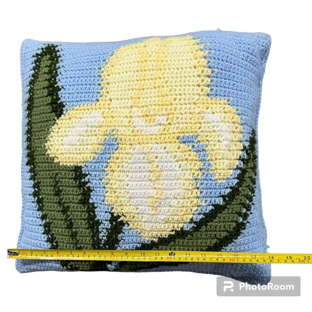 Crocheted Throw Pillow Yellow Iris Flower Baby Blue Handmade Cottage Farmhouse